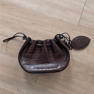 Brown Croc-Embossed Leather Drawstring Shoulder Bag